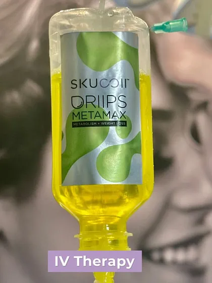 A close-up of our Skuccii Driips Metamax IV bag. This particular blend is formulated to boost metabolism and support weight loss, showcasing our range of specialized intravenous therapies for targeted wellness goals.
