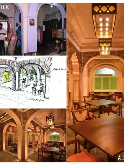 The design process for the Lakhori restaurant, from initial concept sketch to the final space. My goal was to preserve the original lakhori brickwork and arched vaults to create an authentic, vintage dining atmosphere that reflects the haveli's history.