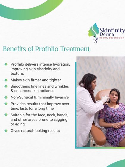 This graphic details the many benefits of Profhilo, from intense hydration and improved elasticity to smoothing wrinkles and providing long-lasting, natural-looking results on the face, neck, and hands.