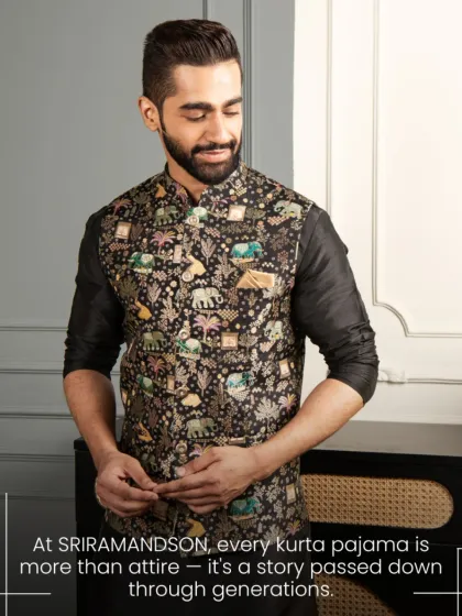 Crafted for the man who carries culture with confidence. This black kurta with a printed jacket is more than attire, it’s a story passed down through generations. Elegance is stitched into every silhouette.