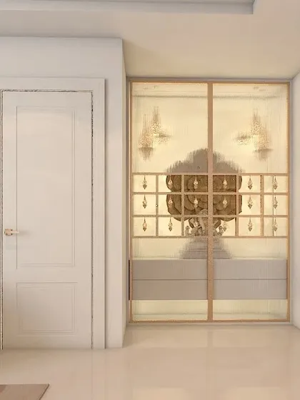 A 3D render of a beautiful wardrobe with glass doors and internal lighting. This design is perfect for showcasing your collection of bags and accessories.