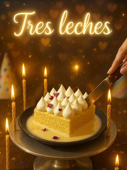 A dreamy Tres Leches cake perfect for any celebration. This image captures a slice being cut from the soft, milk-soaked cake, surrounded by glowing candles, ready to make a wish upon.
