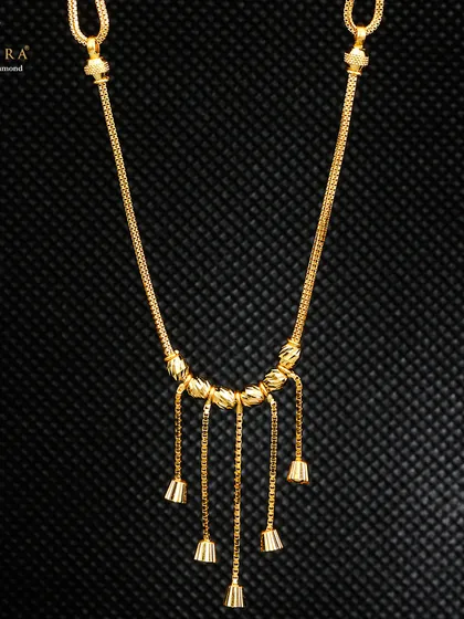 A fancy gold chain with dangling bell-shaped charms (jhumkis). This design offers a traditional feel in a lightweight form, making it perfect for festive occasions without being cumbersome.
