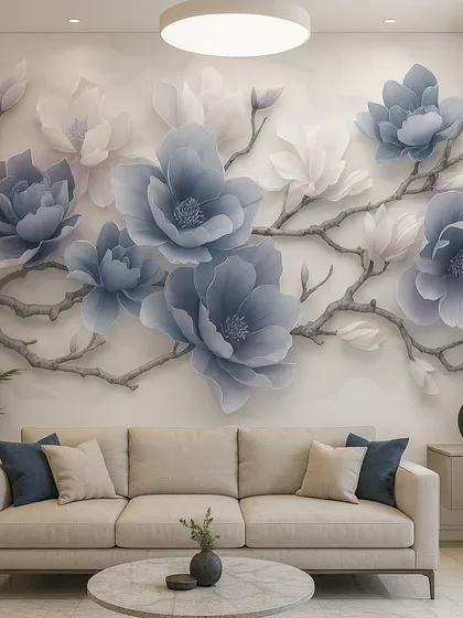 A beautiful floral mural with large, soft blue flowers. The 3D effect gives the blossoms a realistic, layered appearance, perfect for a serene bedroom or living area.