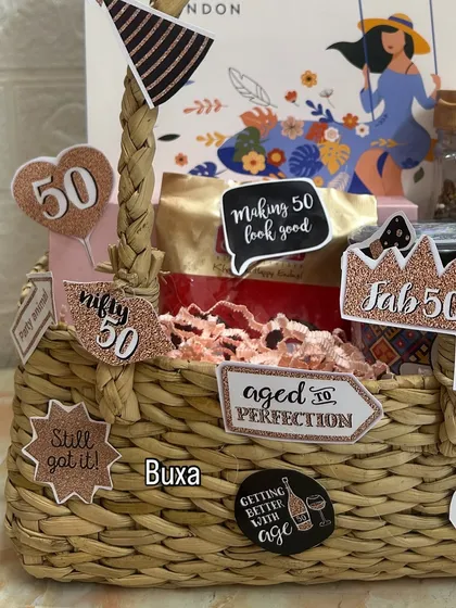Fifty and Fabulous! This hamper for a 50th birthday is full of fun quote cutouts and pampering essentials from Enn Beauty and Yardley London.