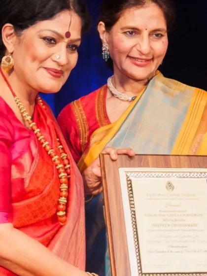 Holding the Nritya Choodamani citation. This award represents a significant milestone in my artistic journey, and I am grateful to the Krishna Gana Sabha for this honour.