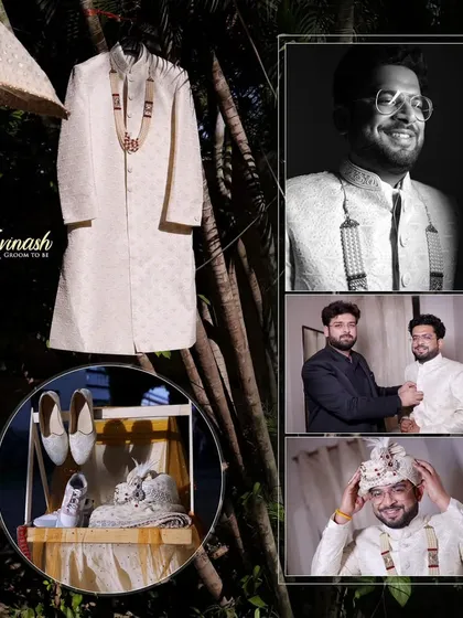 An album page for the "Groom to Be," showing his attire and getting-ready moments with friends.