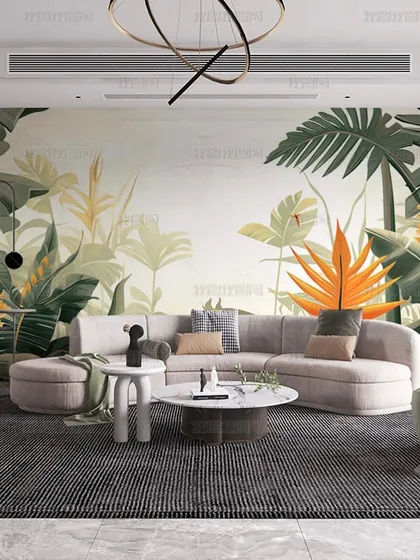 A bright and airy living room with a wallpaper of stylized tropical plants in shades of green and orange. The design adds a fresh and modern feel.