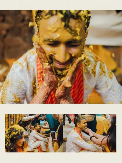 A collage showing the groom's friends applying Haldi and the couple sharing a playful moment.