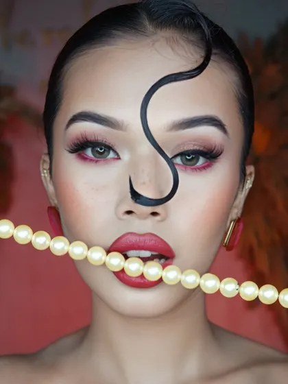 A high-fashion look with a sculpted S-wave hair detail, crimson waterline, and bold red lips. This demonstrates the creative and editorial makeup skills taught at our academy.