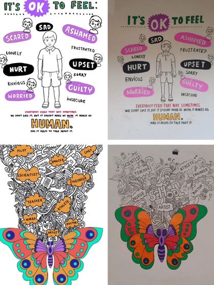 These murals were designed to promote emotional intelligence and career aspirations. The top one helps kids identify their feelings, while the bottom one encourages them to dream big about their future.