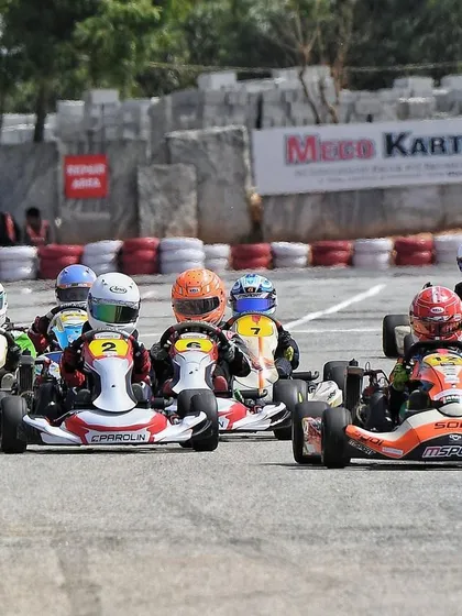 A view from behind the grid as the karts line up, ready for the race to begin at Meco Kartopia.