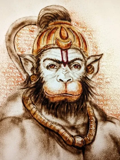 A detailed sand art portrait of Hanuman ji, focusing on his powerful and devotional expression. The background is filled with 'Ram' written in sand, adding a spiritual layer.