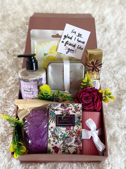 We assembled this pamper-themed birthday hamper for a dear friend. It includes "Love Beauty and Planet" lotion, a face mask, a floral birthday card, a personal note, and other relaxing treats to make her feel special.