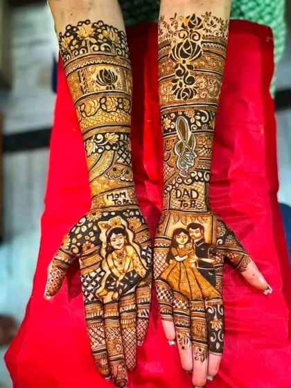 We create special custom portrait mehndi for your big events. This unique design for a baby shower features the 'Mom to be' and 'Dad to be', making the celebration truly memorable.