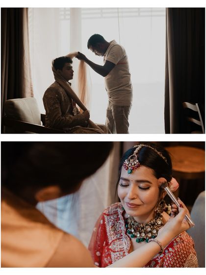 A collage showing both the bride and groom getting ready for their big day. We document the parallel stories of anticipation.