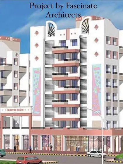 This render shows the completed "Maitri Icon" in Kharghar, a large residential and commercial project with 88 apartments and 24 shops. The design features distinctive arched crowns and a symmetrical layout across its two wings.