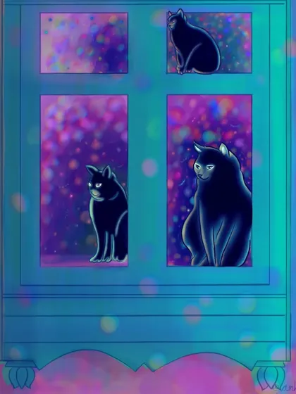 In this version, the cats are black, and the world outside is a magical, sparkling galaxy. It's a more fantastical take on the original concept.