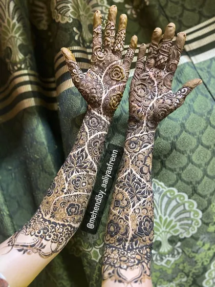 Another view of the stunning tree-of-life bridal design, showing the full coverage and detailed artwork.