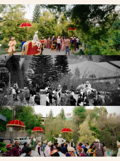 A collage of the Baraat making its way through the winding mountain roads, a truly unique destination wedding procession.