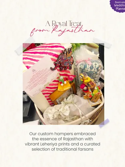 For a royal Rajasthan wedding, our custom hampers can embrace the local culture with vibrant Leheriya prints and a curated selection of traditional farsans.