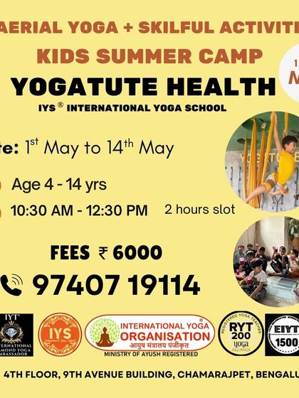 Our flyer for the May Kids Summer Camp, detailing the aerial yoga and skillful activities program. It's a two-hour slot designed for ages 4-14.