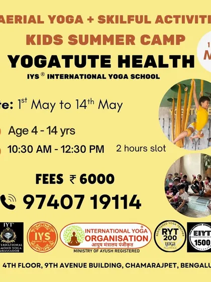 Our flyer for the May Kids Summer Camp, detailing the aerial yoga and skillful activities program. It's a two-hour slot designed for ages 4-14.