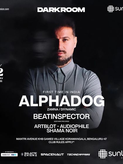 The flyer for Alphadog's India debut at Sunburn Union. I was part of the support lineup, bringing my sound to this massive superclub.
