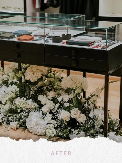 The transformation is where the magic happens. This 'After' shot from the Maybach launch shows how we used a cascade of white florals to elevate a simple display unit. It’s a testament to our belief that even the smallest corner can be turned into a powerful brand moment.