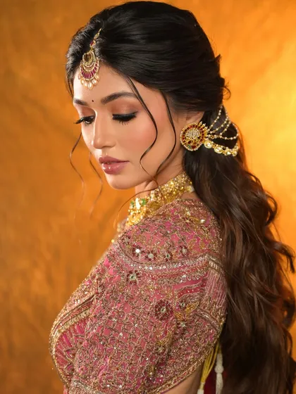 An ethereal and elegant bridal portrait. This look features a soft, romantic hairstyle and makeup that complements the pink lehenga.