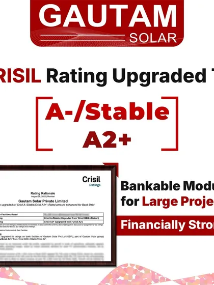 Financial strength and stability are the bedrock of our operations. We are proud to have our long-term credit rating upgraded by CRISIL to A-/Stable and our short-term rating reaffirmed at A2+, signifying the bankability and long-term reliability of our solar modules for large projects.