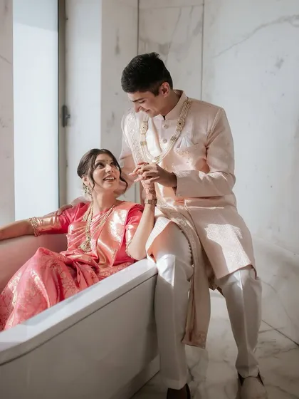 A unique and artistic shot. Even in unconventional poses, the drape holds its elegance.
