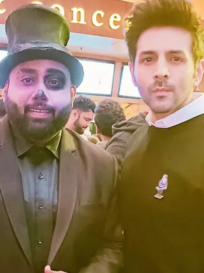 In costume for a Halloween event, I got to meet my favorite actor, Kartik Aaryan.