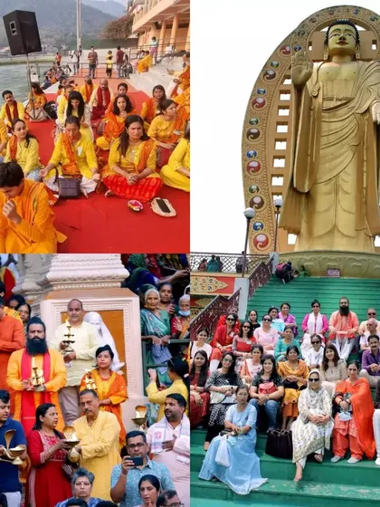 Our Himalayan retreats are a blend of deep spiritual work and unforgettable excursions. This collage shows our group participating in the sacred Ganga Aarti in Rishikesh and visiting a monumental Buddha statue, soaking in the region's profound spiritual vibrations.