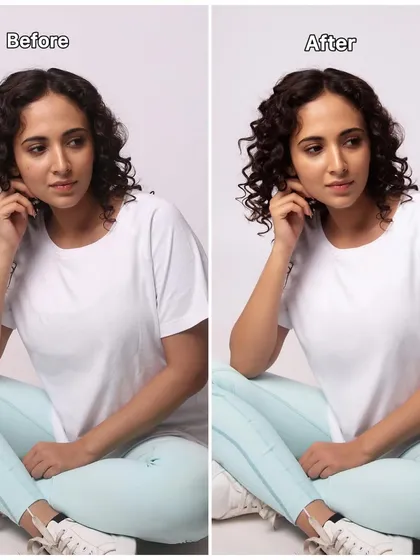 Before and after: This shows a subtle but important edit. I performed a gentle skin cleanup and color correction to give the model a natural, healthy glow.