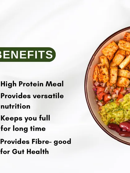 Here are the benefits of my Paneer Burrito Bowl. It's a high protein meal that provides versatile nutrition and fiber, which is great for gut health and keeps you full for longer.