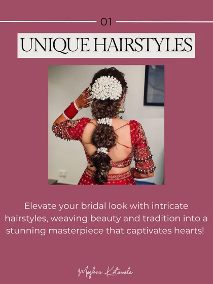 Unique hairstyles can elevate your entire bridal look. We love weaving intricate braids and adding traditional flowers like gajra to create a stunning masterpiece.
