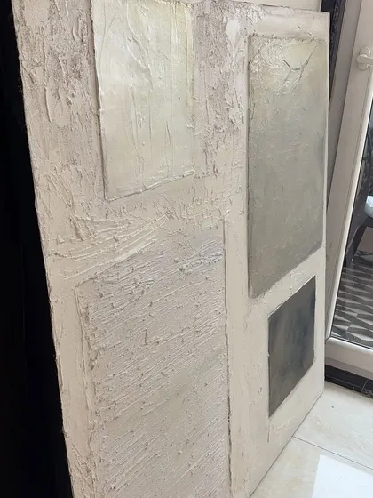 A side view that highlights the rich texture of the 4ft x 4ft canvas. I love how even a neutral color palette can be so expressive when you introduce sculptural elements.