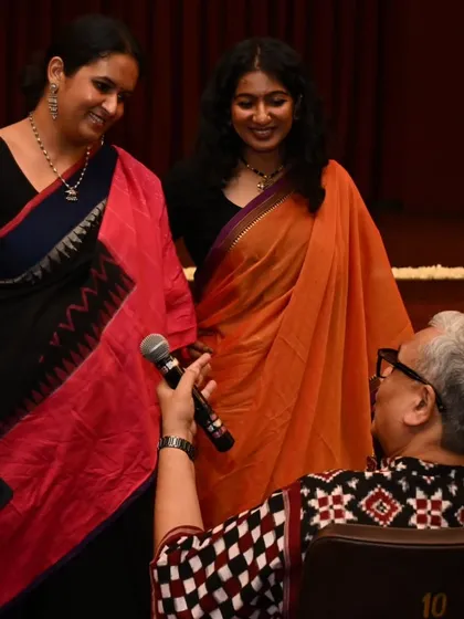 My husband, Rajiv Chandran, interviews senior students backstage. The "Abhyaas" showcase is a collective effort, involving the entire Natya Vriksha family.