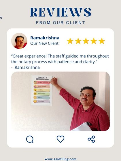 "Great experience! The staff guided me throughout the notary process with patience and clarity." We thank Ramakrishna for his review. Our team is trained to guide clients through every step of the notary process with clear communication.