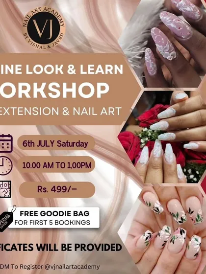 Our online "Look & Learn" workshop is perfect for those who can't join us in person. This poster details our session on nail extensions and art, complete with certification.