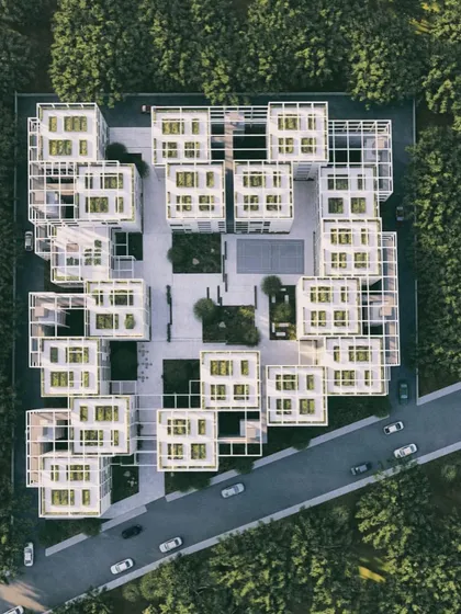 The top-down view of Pixel Housing reveals the logic of the staggered grid and the generous amount of green space integrated into the design.