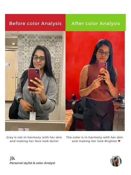 A picture is worth a thousand words. On the left, a color that isn't in harmony with her skin. On the right, after her color analysis, she's wearing a shade from her personal palette that makes her look brighter and more confident. This is the power of knowing your colors.