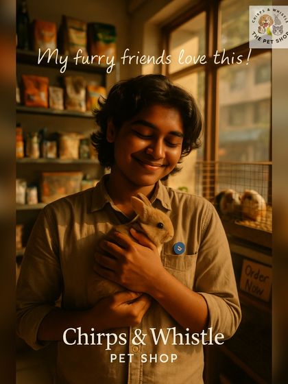 My furry friends love the care and products I provide. Here, a happy customer cuddles a rabbit, showcasing the gentle nature of the pets I raise.