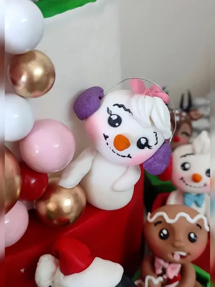 A sweet snow-woman with purple earmuffs, another passenger on the Christmas cake train.