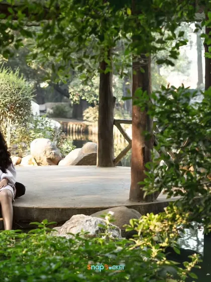 Finding a quiet spot in a lush park for a relaxed portrait. This wide shot captures the beautiful scenery and the couple enjoying a peaceful moment together before their baby arrives.