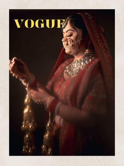 A 'Vogue'-inspired bridal portrait of Ishita, her pose and the lighting creating a high-fashion, editorial-style wedding photograph.
