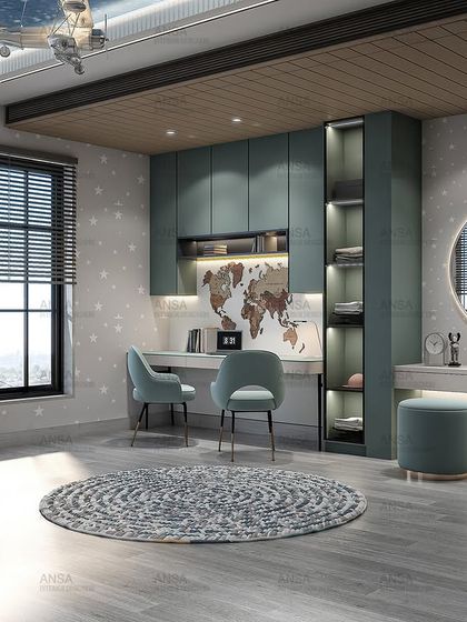 A dreamy and functional kids' room. This design includes a built-in study area, a vanity, and a cozy swing chair, all tied together with a soothing teal and grey color scheme and a world map for inspiration.