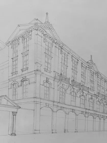 The detailed line work for the Sicka Nagar building before shading began.