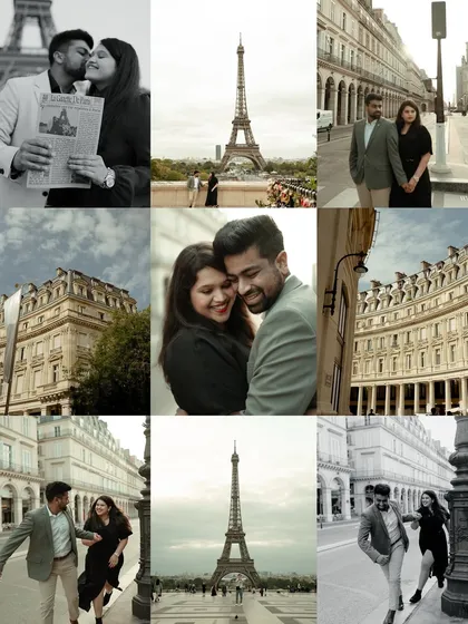 A gallery of moments from Varun and Aishwarya's day in Paris. This collage includes architectural details, playful interactions, and romantic portraits, painting a full picture of their pre-wedding shoot.